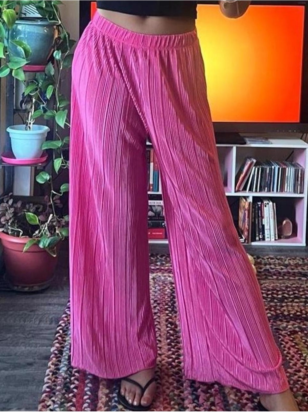 hot pink wide leg plisse pleated satin pants, semi sheer